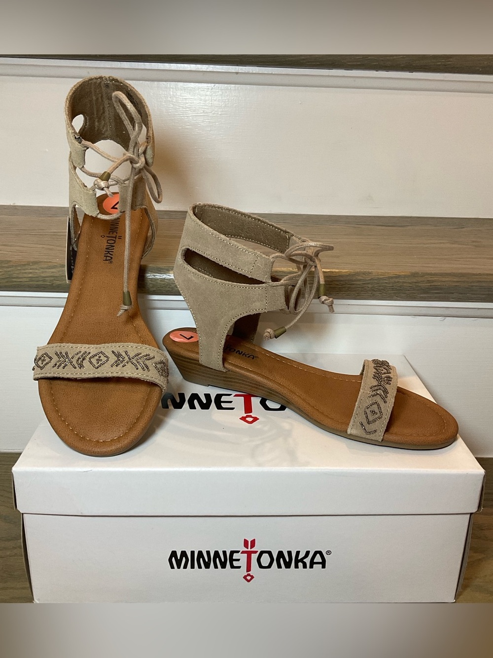 Minnetonka Beige Suede Lace-Up Sandals